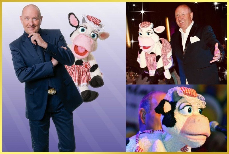 Bauchredner mit Stoffkuh.