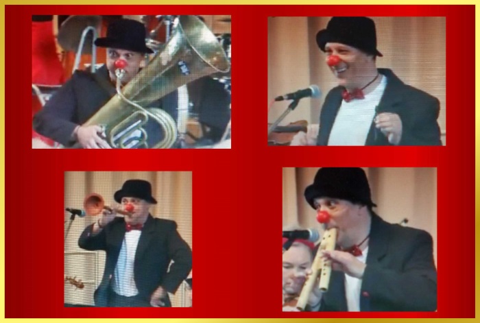 Fotomontage 4 lustige Bilder mit Musikclown.