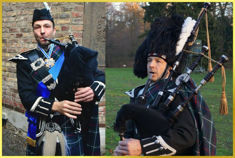 K�lner Dudelsackspieler, Bagpipe Player im schottischen Kilt